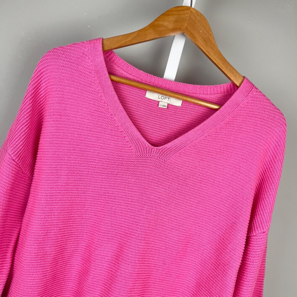 Ann Taylor LOFT Bright Pink Sweater Womens L Chunky Knit Cotton Pullover